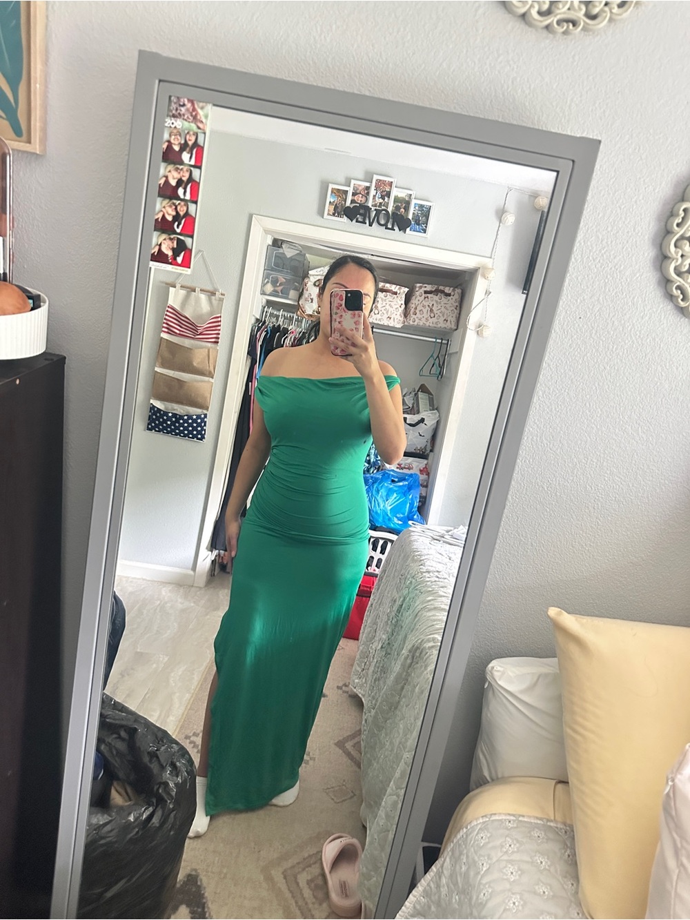 Off-Shoulder Green Maxi Dress